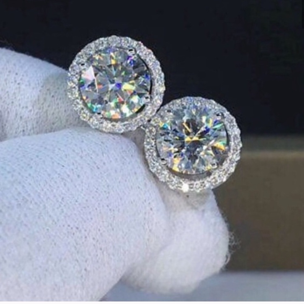 New Round Stud Diamond Sterling Silver Earrings - Picture 5 of 14